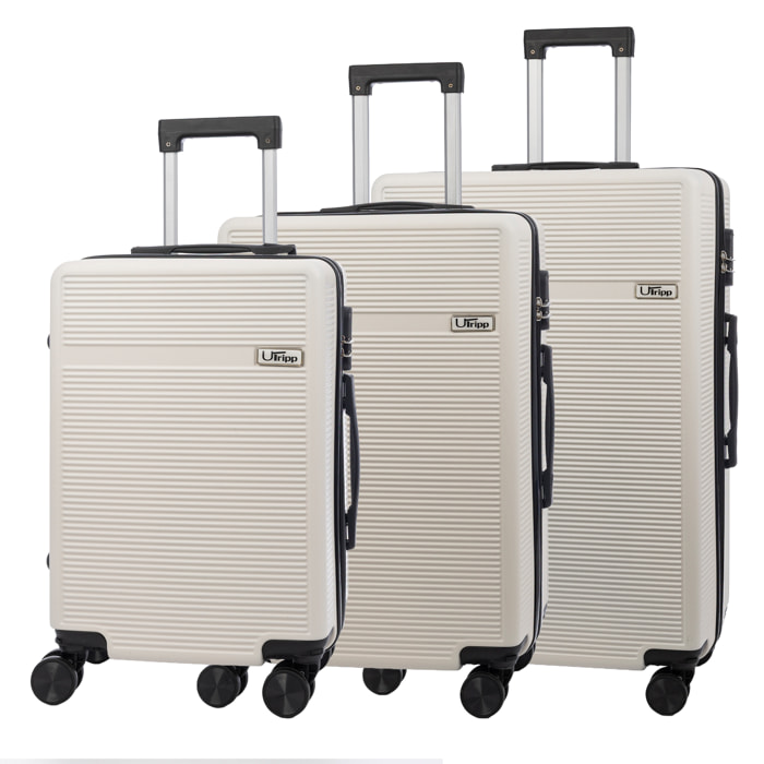 Juego de 3 maletas Trolley, en material ligero ABS de alta resistencia. Cerradura numérica y 4 ruedas dobles extraíbles y giratorias 360°.