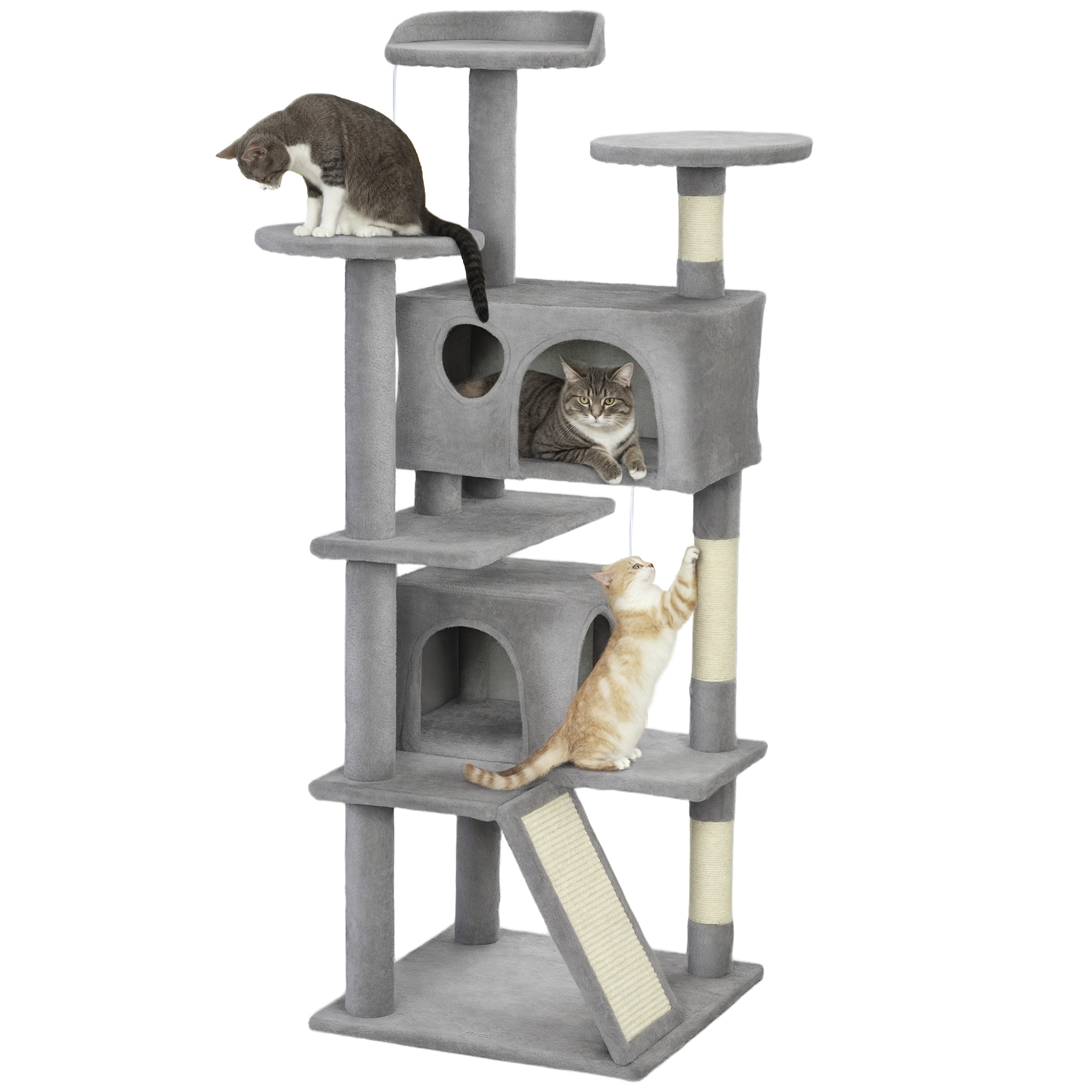 Rascador para Gatos Altura 138 cm Árbol para Gatos Torre de Escalada con Postes Rascadores de Sisal Plataformas Cuevas Bolas Colgantes y Hamacas Gris Claro