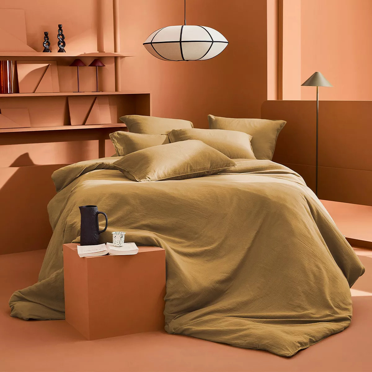Housse de couette gaze de coton lavé uni marron Malia houblon