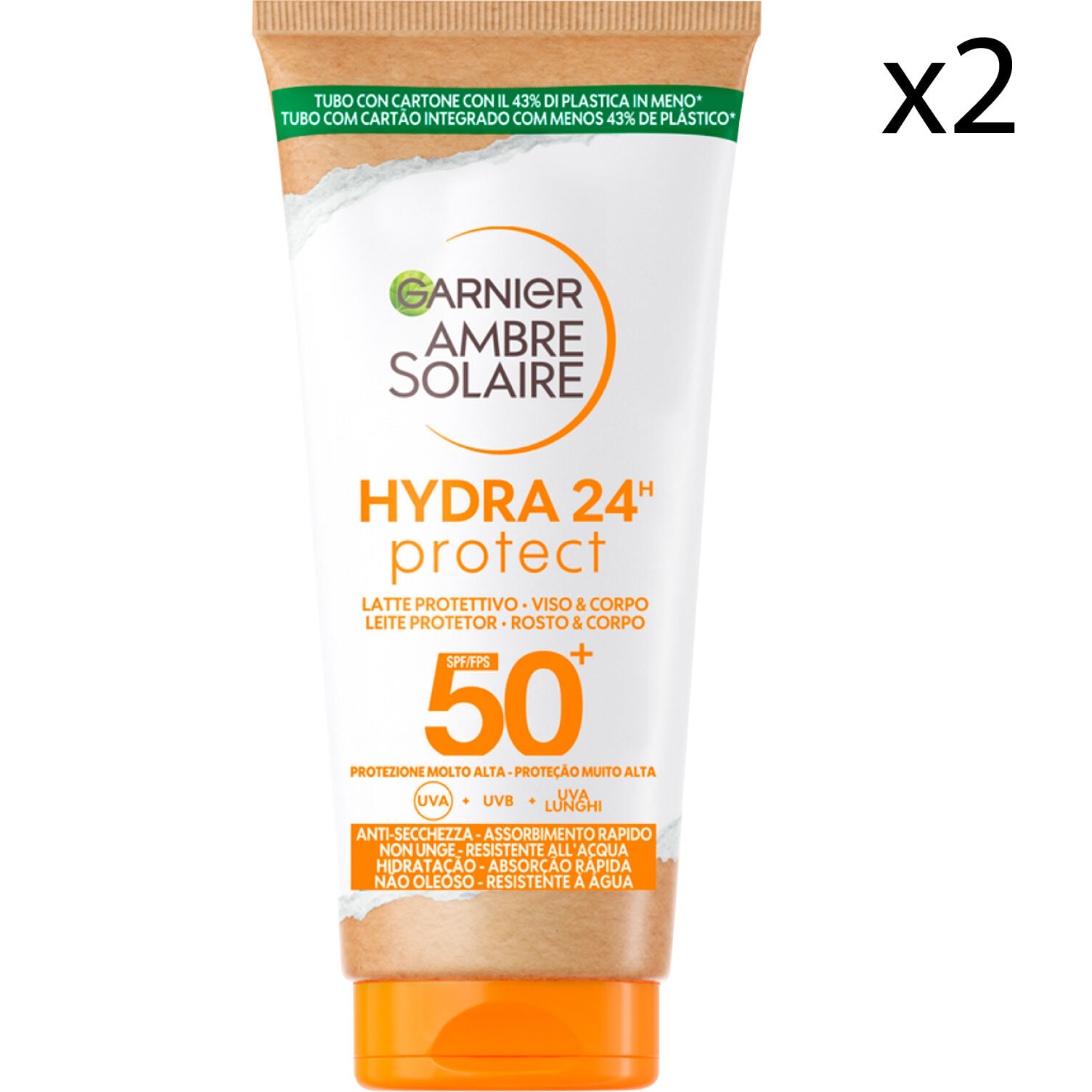2x Latte Solare Protettivo SPF 50+ Ambre Solaire Hydra 24H Protect Protezione Molto Alta con Burro di Karité Idratante - 2 Flaconi da 50ml