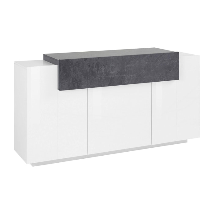 Credenza moderna a 4 ante con ribalta, Made in Italy, Madia da cucina, Buffet di design da soggiorno, cm 160x45h86, colore Bianco lucido e Grigio Cenere