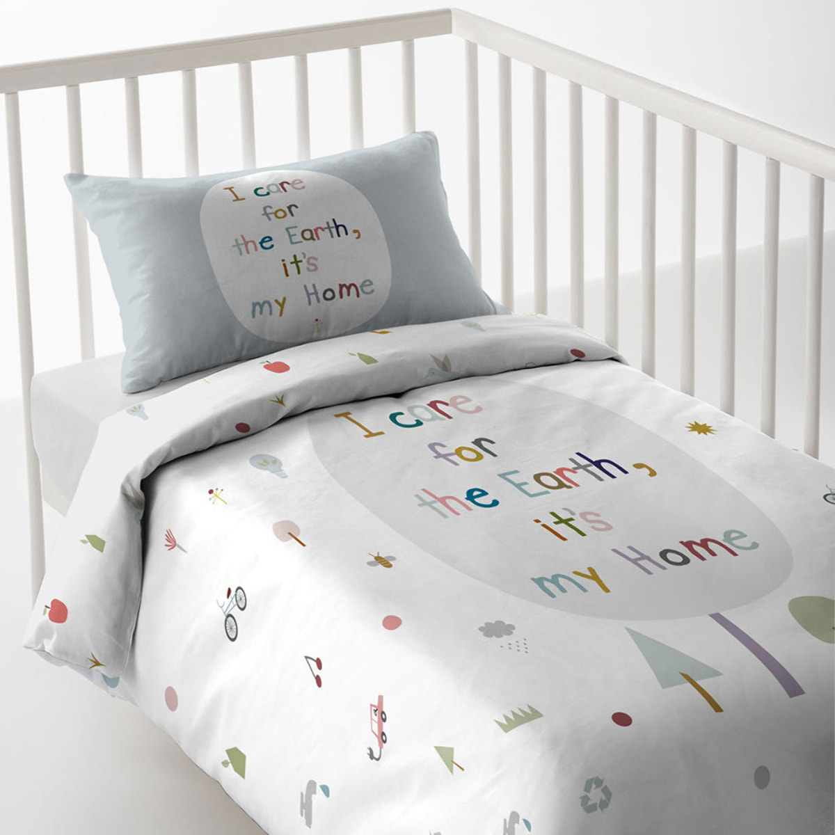 Haciendo el Indio - Funda Nórdica Estampada - Reversible - Infantil - Cierre Solapa - 100% Algodón - Incluye 1 Funda de Almohada - Cuna/Maxicuna - Save The Earth