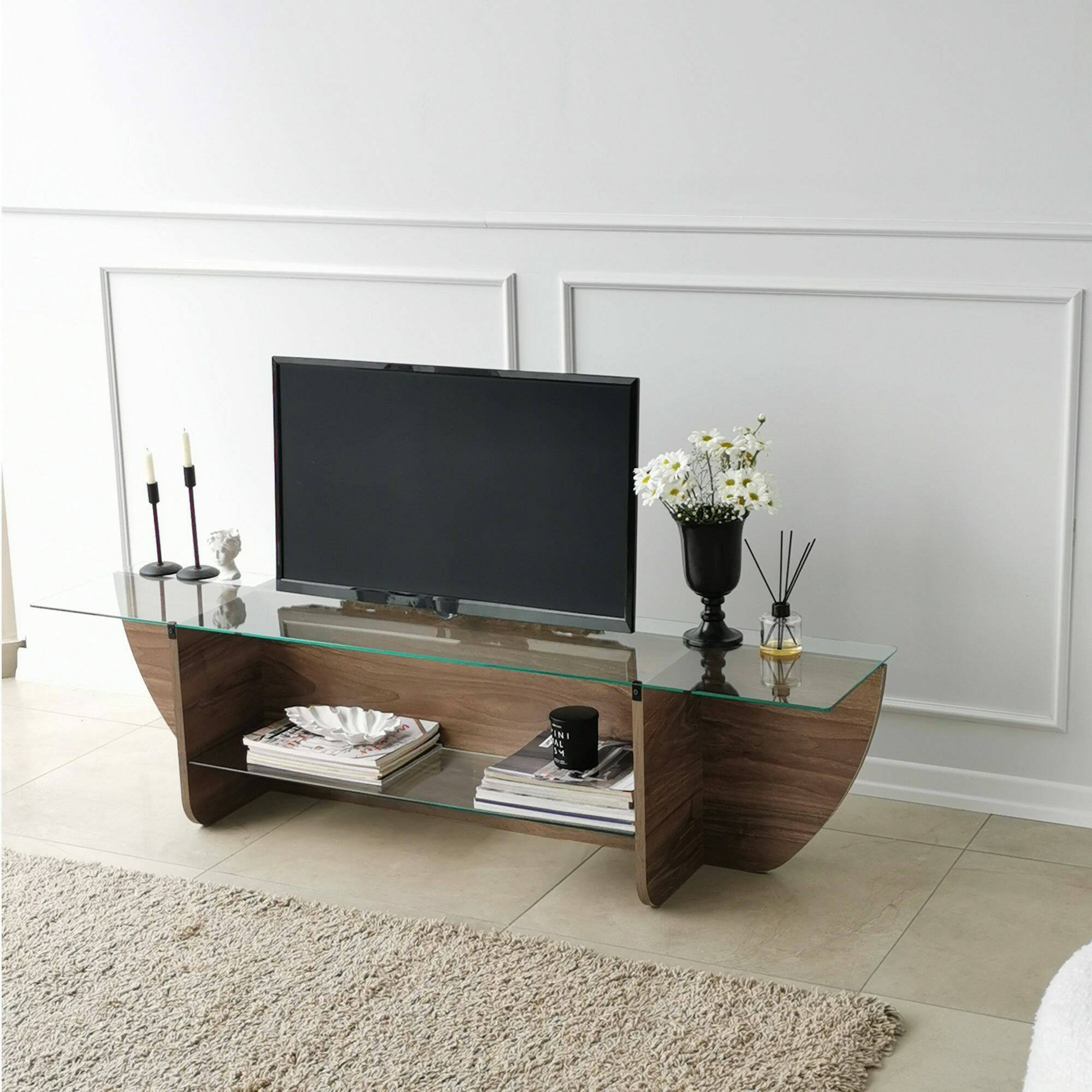 Mobile porta TV Kasuga, Credenza da soggiorno, Armadio basso per TV, Base parete attrezzata, 158x35h40 cm, Noce