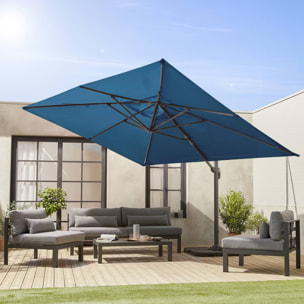 Parasol déporté rectangulaire bleu canard 3x4m + dalles à lester 50x50cm