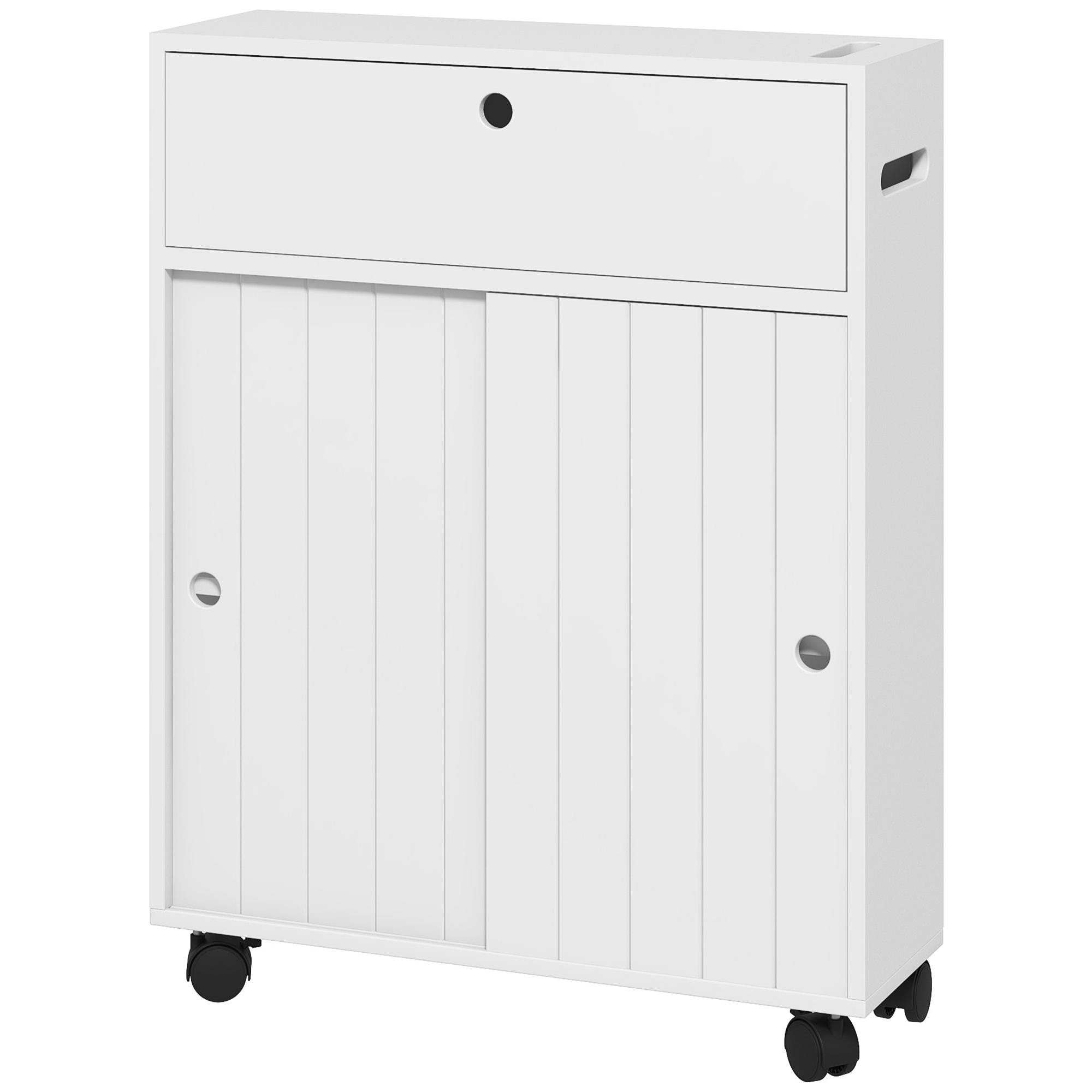 Mueble Auxiliar Baño Moderno Armario de Baño con 4 Ruedas 2 Agujeros para Papel 2 Armarios y Estantes Ajustables Mueble Auxiliar de Almacenaje para Salón 52x17x67 cm Blanco