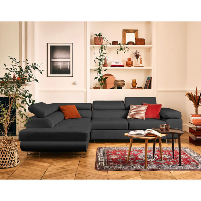 Zaria - canapé d'angle gauche 5 places convertible avec coffre et têtières en simili - Gris Anthracite