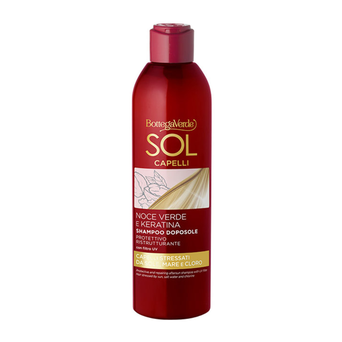 Sol Capelli - Noce verde e Keratina - Shampoo doposole - protettivo ristrutturante - con olio di Noce verde e Keratina - con filtro UV - capelli stressati da sole, mare e cloro