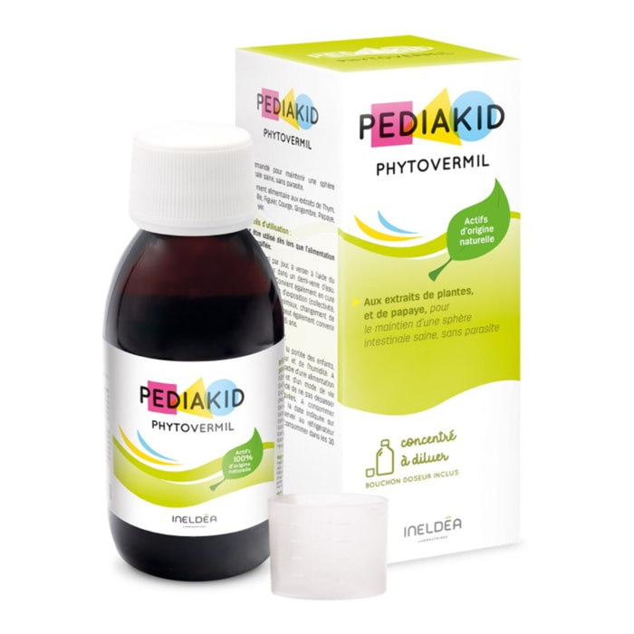 PEDIAKID - Phytovermil - Complément Alimentaire Naturel -Contribue au Maintien d'une Sphère Intestinale Saine - Bouchon Doseur Inclus - Arôme Fruits Rouges - Flacon de 125 ml
