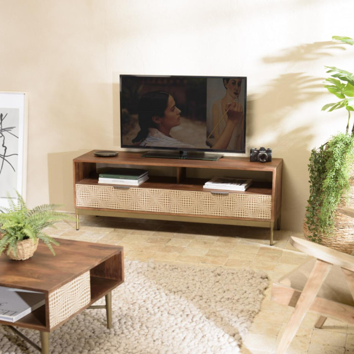 ALIX - Meuble TV en bois de manguier 2 niches 2 tiroirs