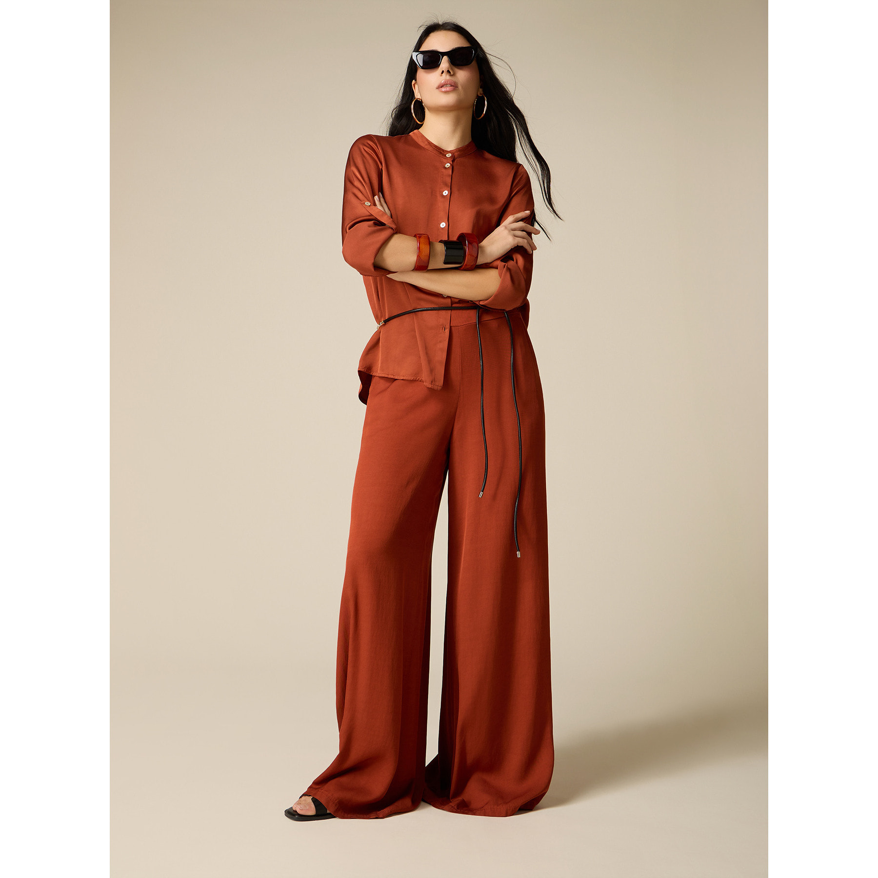 Oltre - Pantalones palazzo mezcla de lino - Naranja sol