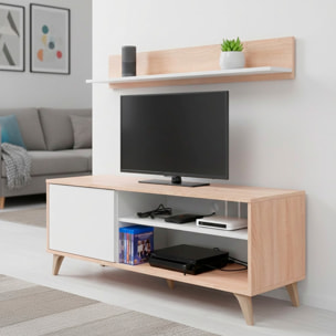 Mobile TV Con Mensola Parete Attrezzata In Stile Nordico Da 135 Cm Con Anta Push E Vani Multimediali Mobile Porta TV 135 x 50 x 40 Cm Rovere E bianco