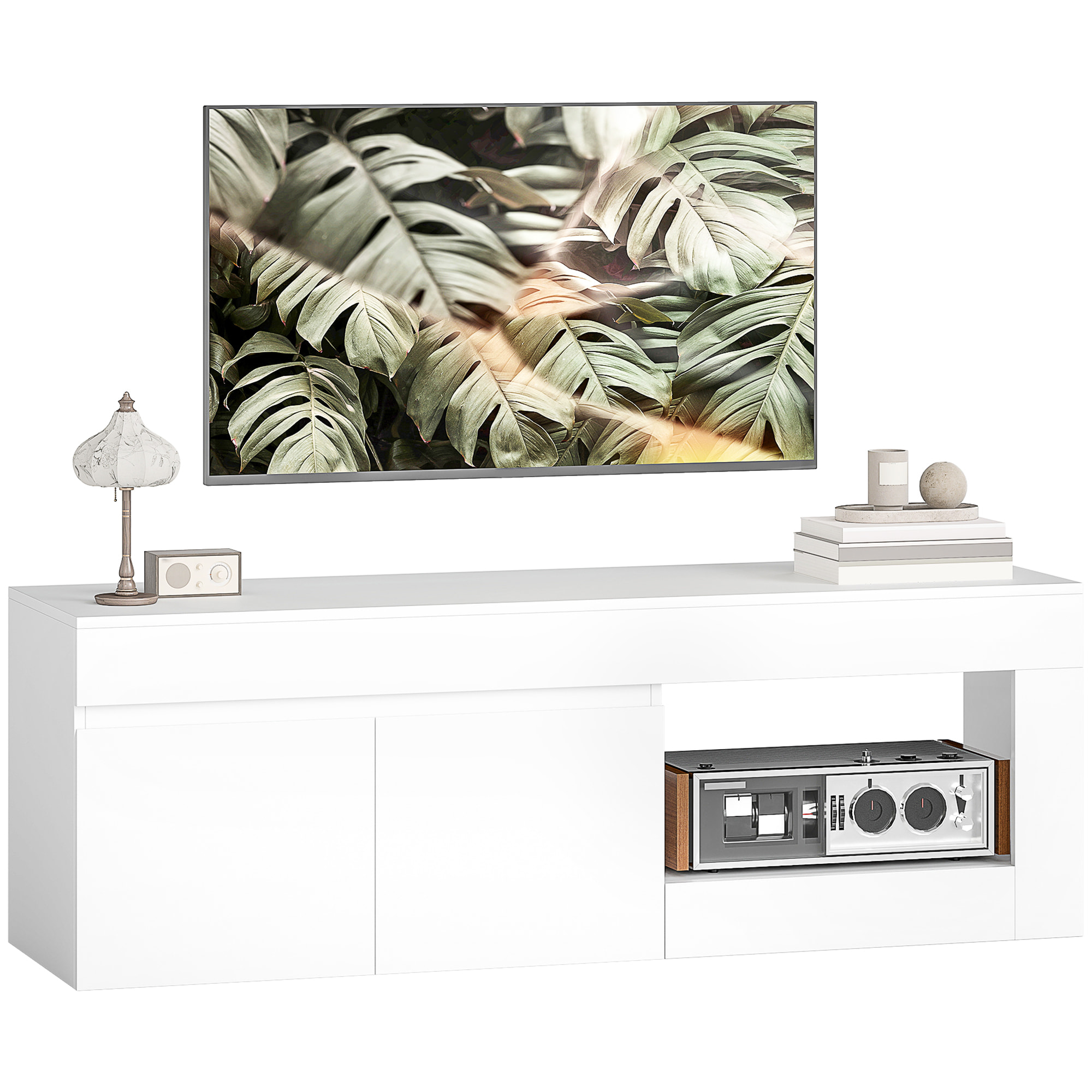 Mueble de TV Moderno, Mesa de TV para Salón con 2 Puertas, Estante Abierto, para Televisión 60 Pulgadas, 140x40x48 cm, Blanco