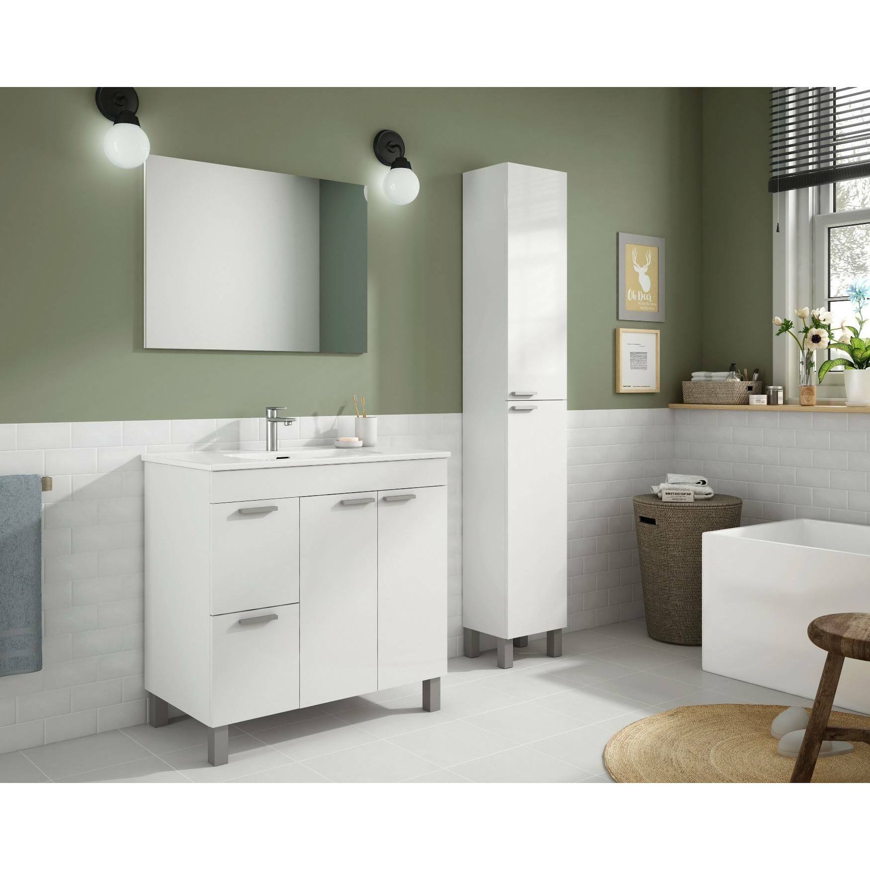 Colonna bagno Hollywood, Mobile a colonna per bagno a 2 ante, Armadio pensile sospeso con 2 ripiani, cm 30x25h182, Bianco lucido