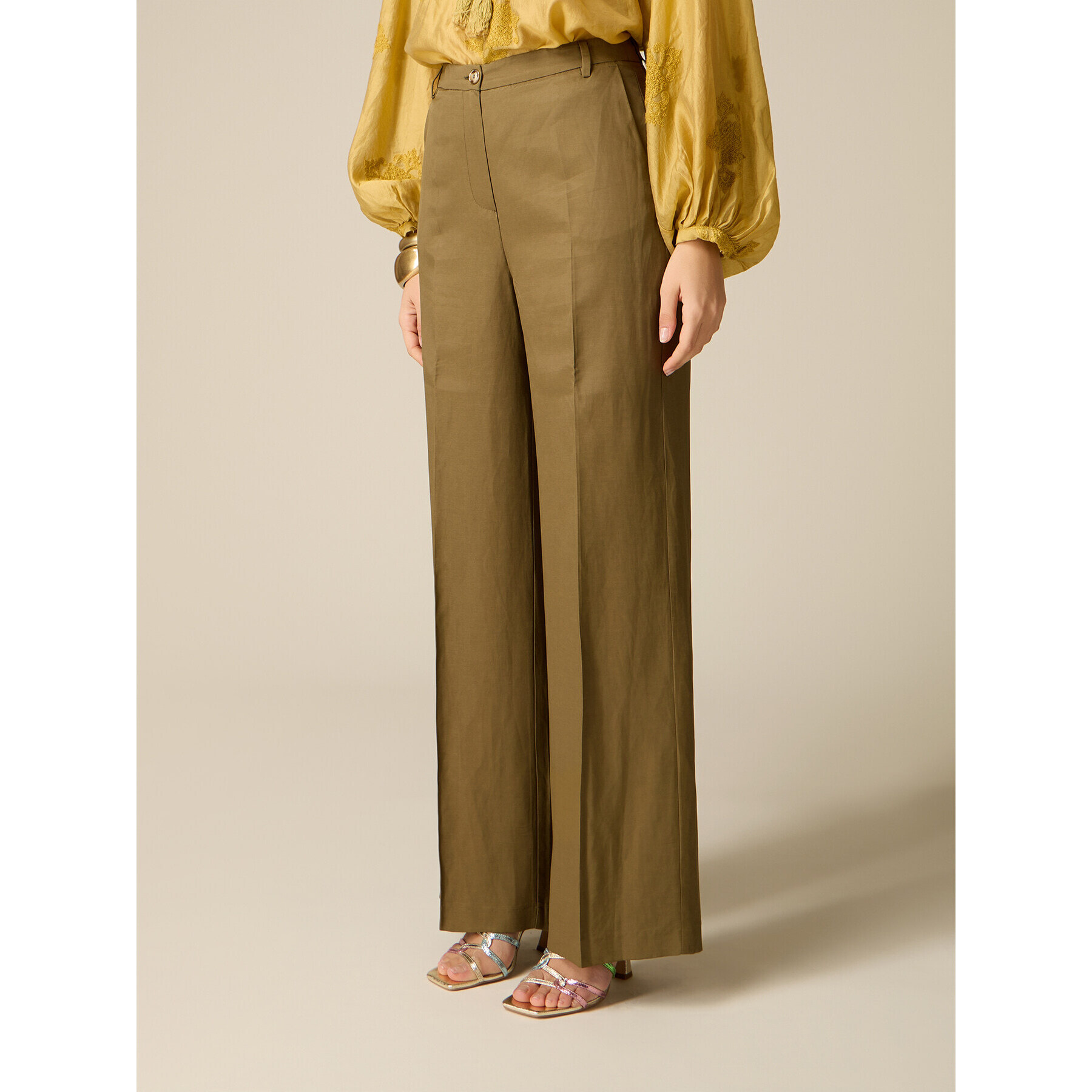 Oltre - Pantalones palazzo en tejido mezcla de lino - Verde militare