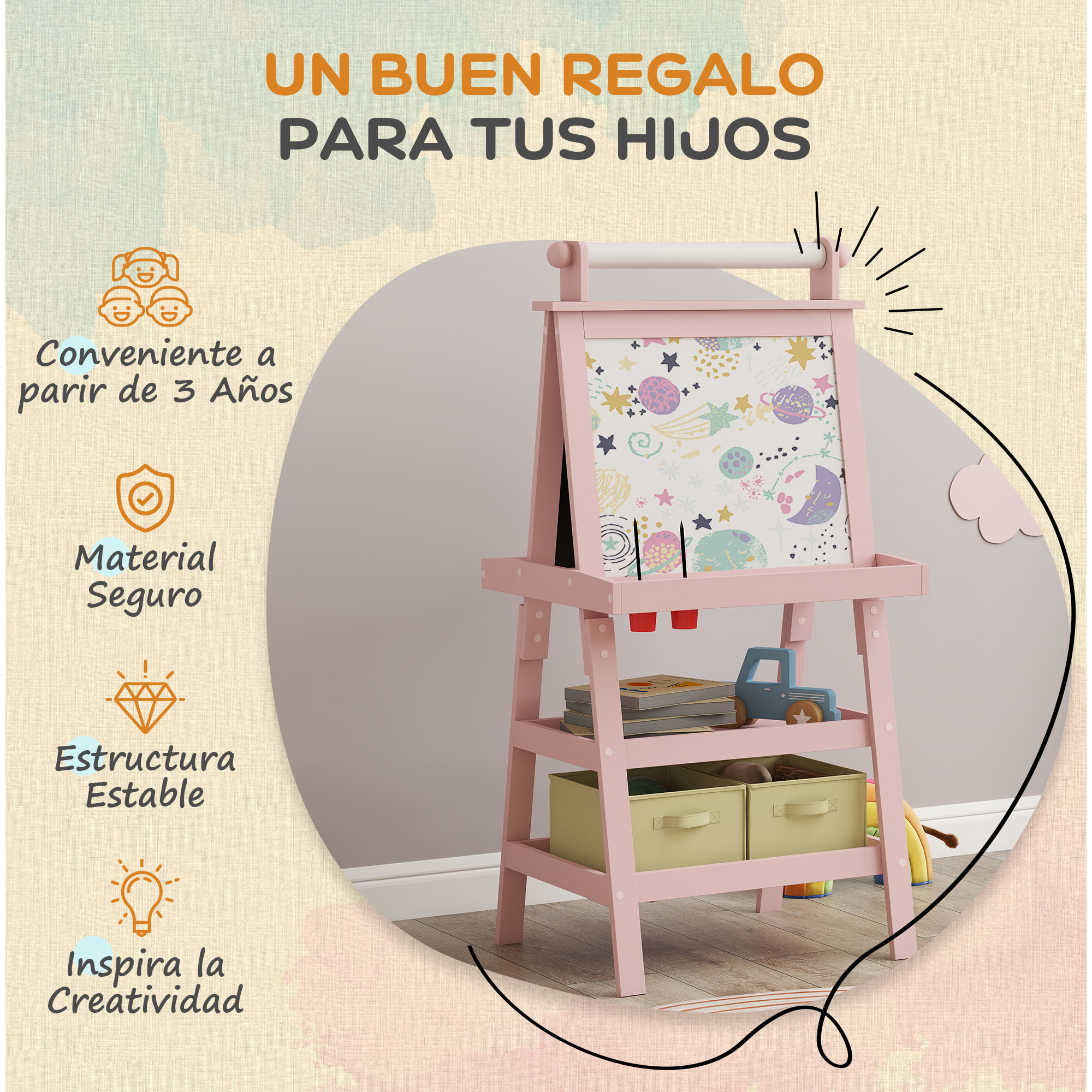 Pizarra Infantil Caballete 3 en 1 Pizarra Infantil de Doble Cara Magnética Caballete de Pintura para Niños con Rollo de Papel y Cestas de Almacenamiento 59x48x118 cm Rosa Palo