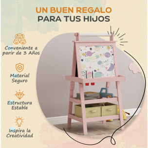 Pizarra Infantil Caballete 3 en 1 Pizarra Infantil de Doble Cara Magnética Caballete de Pintura para Niños con Rollo de Papel y Cestas de Almacenamiento 59x48x118 cm Rosa Palo