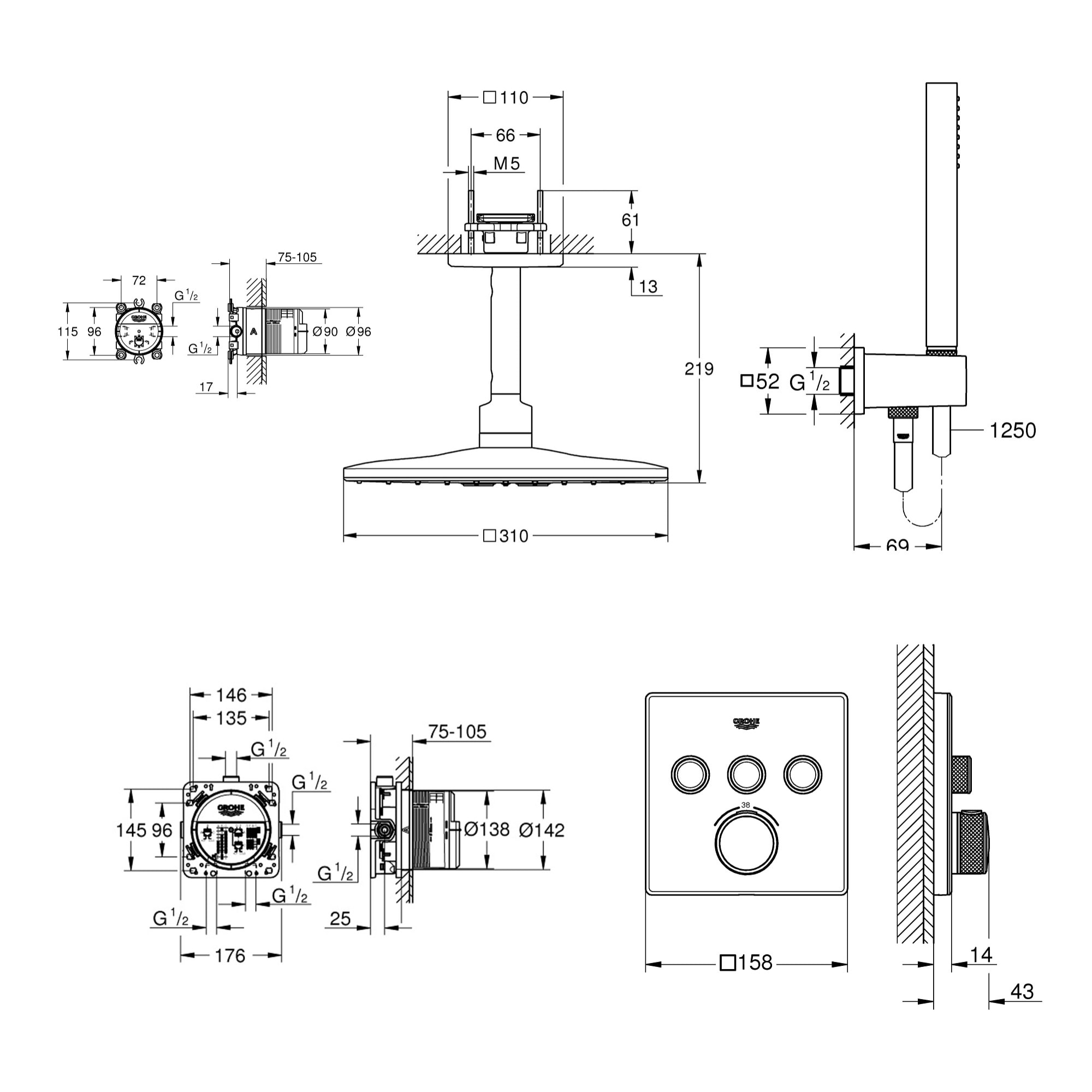 GROHE Pack douche encastré - douche de tête carrée 2 jets 31 cm + douchette 1 jet