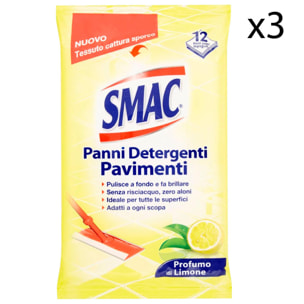 3x Smac Panni Detergenti Pavimenti Profumo di Limone - 3 Confezioni da 12 Panni