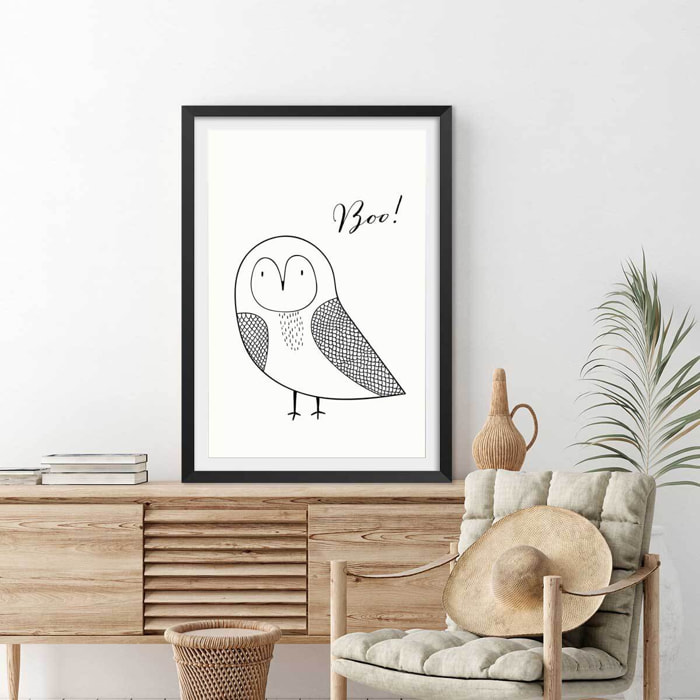 Affiche dessin ""hibou boo"" Affiche sous cadre noir