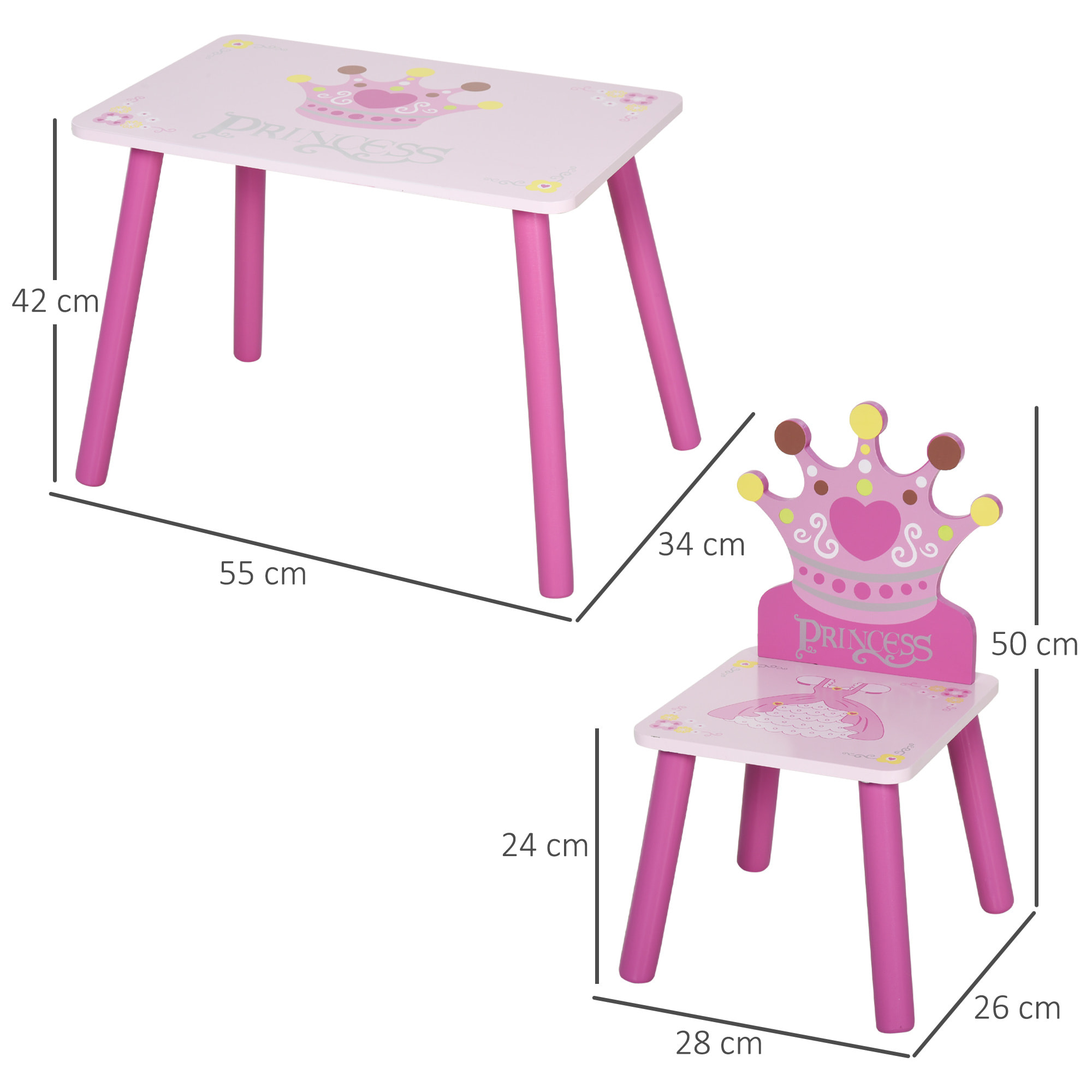 Ensemble table et chaises enfant design princesse motif couronne bois pin MDF rose