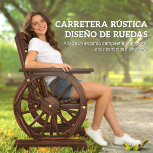 Silla de Jardín de Madera de 2 Plazas, Silla Asiento con Brazos de Rueda de Vagón, Respaldo Inclinado, Estilo Rústico, Carga 120 kg, para Patio, Terraza, Parque, 66x55x90 cm, Carbonizado