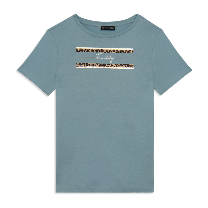 T-shirt Manica Corta con Dettagli Animalier e Borchie