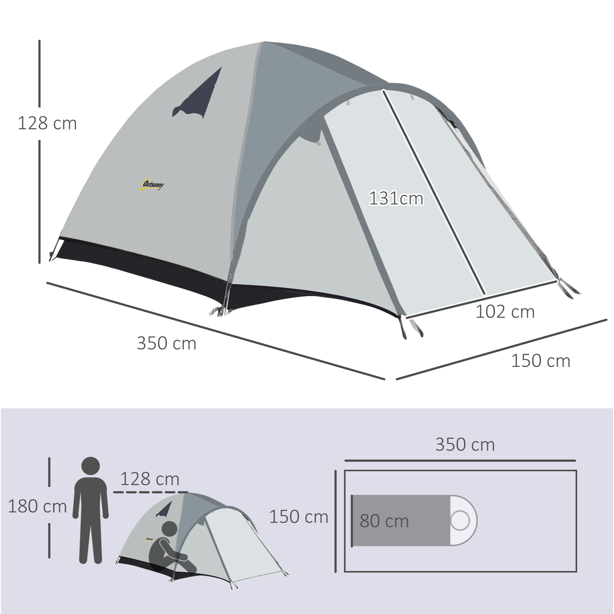 Tente de camping 3-4 personnes dim. 350L x 150l x 128xH cm - 3 portes, tapis sol, sac transport - alu. polyester gris