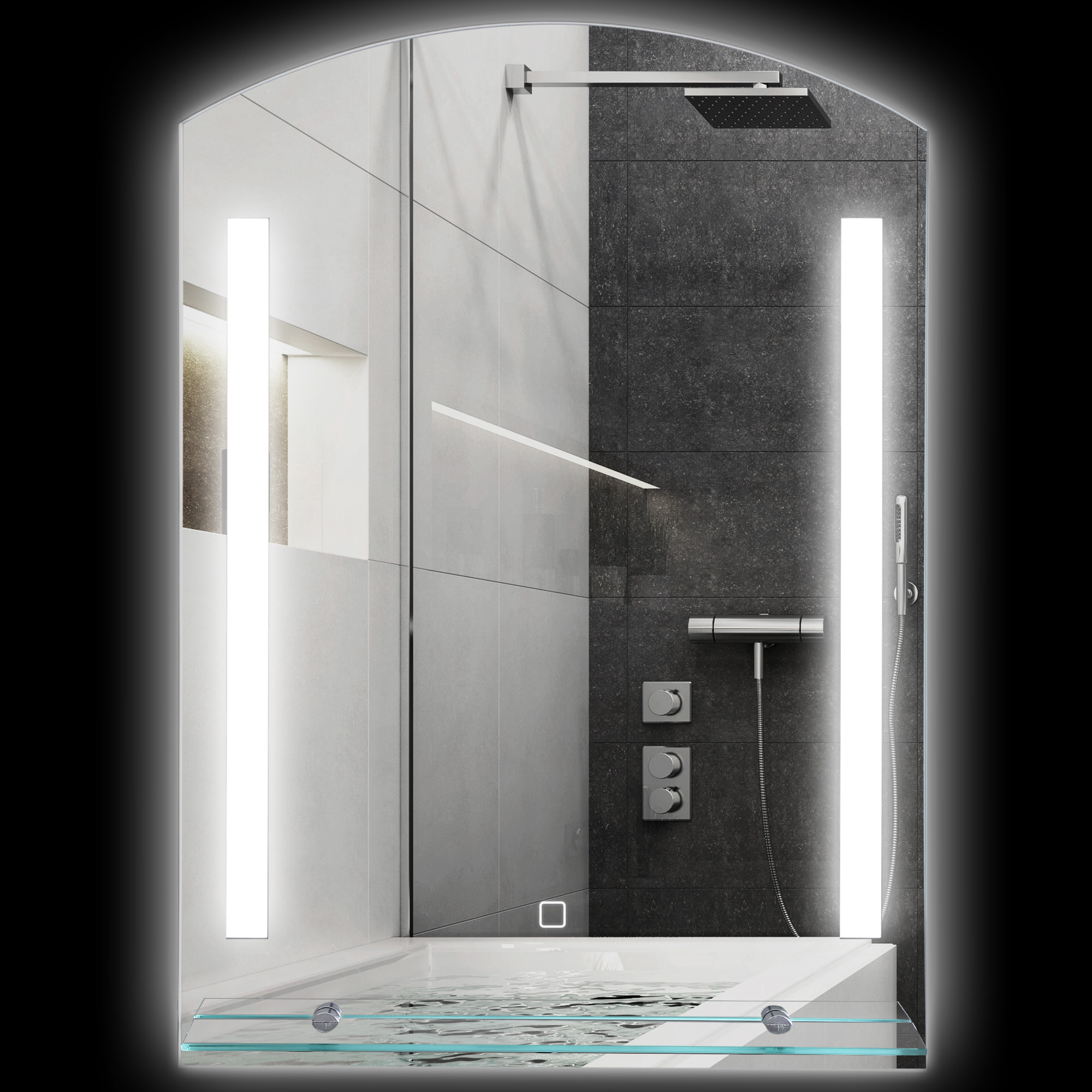 Espejo de Baño con Luces LED 70x50 cm Espejo para Baño con Interruptor Táctil Iluminación Regulable Función de Memoria y Estante de Vidrio para Salón Entrada Plata