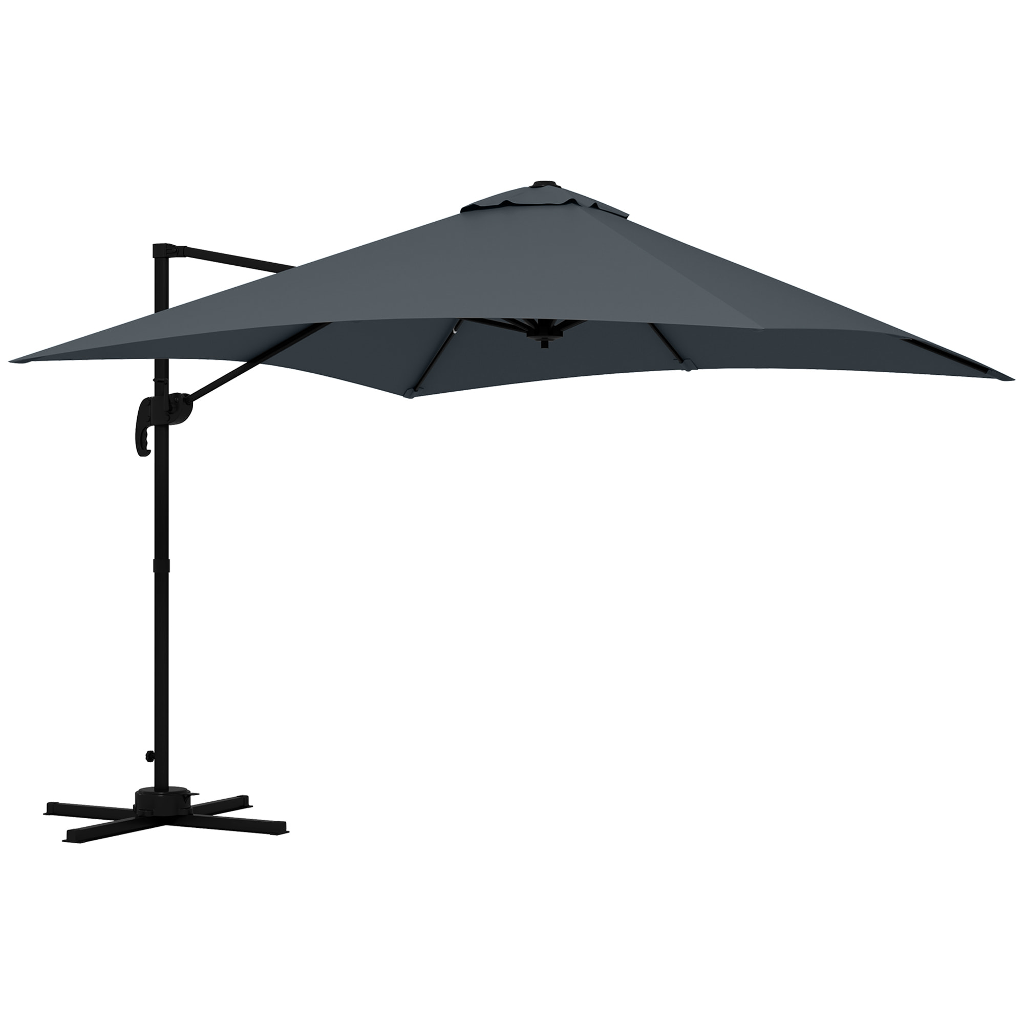 Parasol déporté carré inclinable pivotant 360° manivelle piètement acier dim. 2,95L x 2,95l x 2,66H m gris