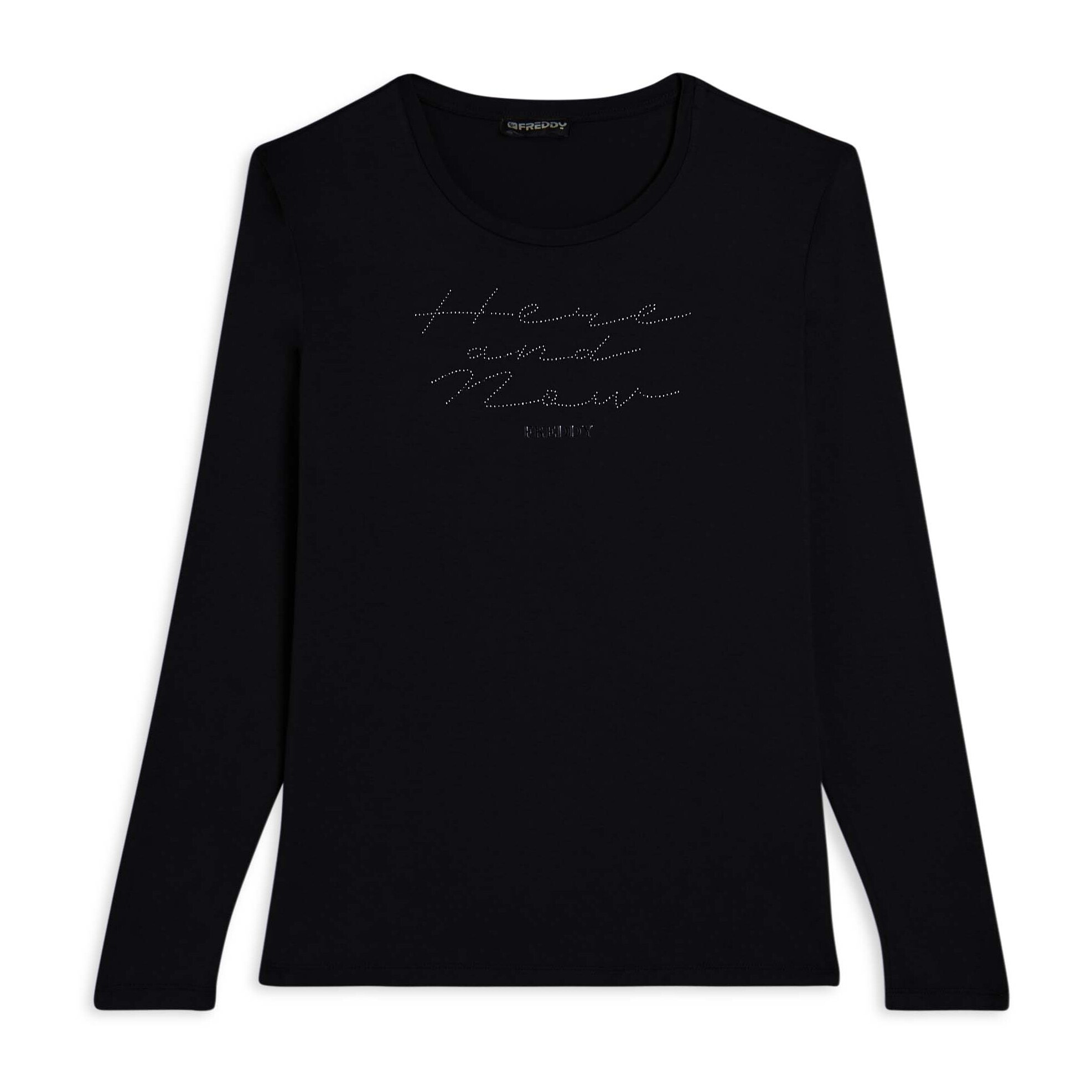 T-shirt donna manica lunga con scritta e strass