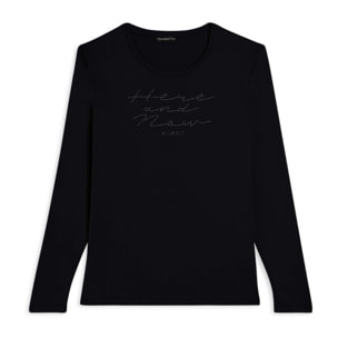 T-shirt donna manica lunga con scritta e strass