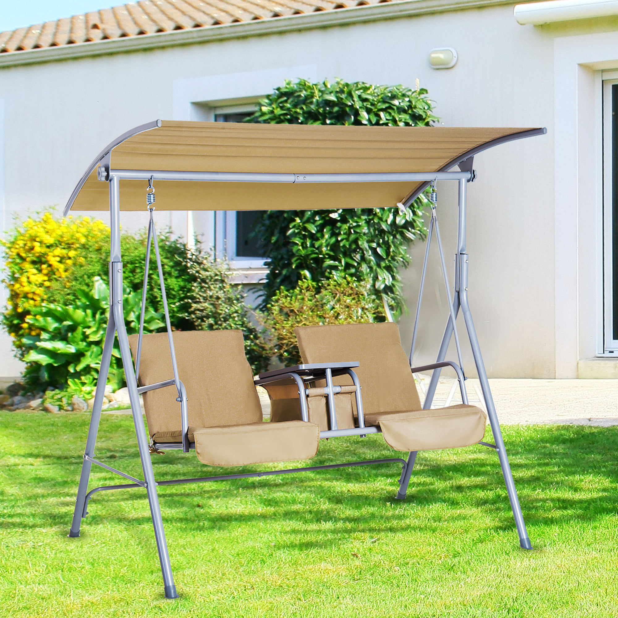 Balancelle design de jardin 2 places inclinaison toit réglable tablette rétractable rangement acier gris clair beige