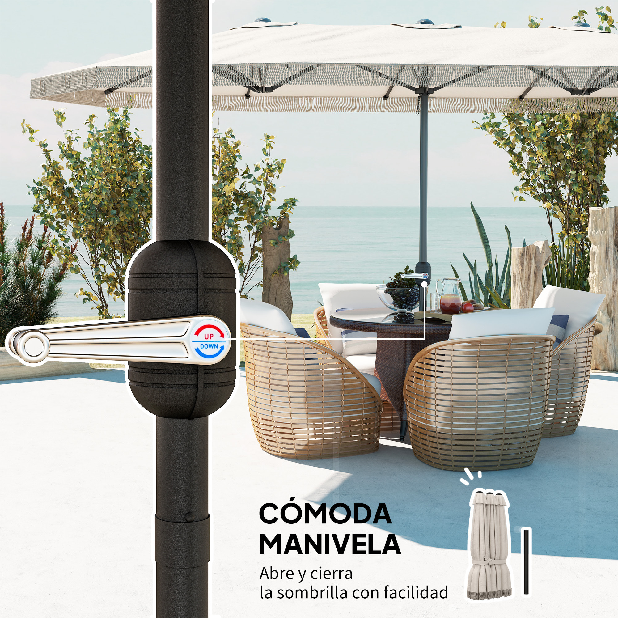 Sombrilla Doble 4,5x2,65 m Sombrilla Terraza Exterior con Manivela Manual Resistente al Agua y Protección UV30+ Sombrilla Grande para Terraza Playa Piscina Crema