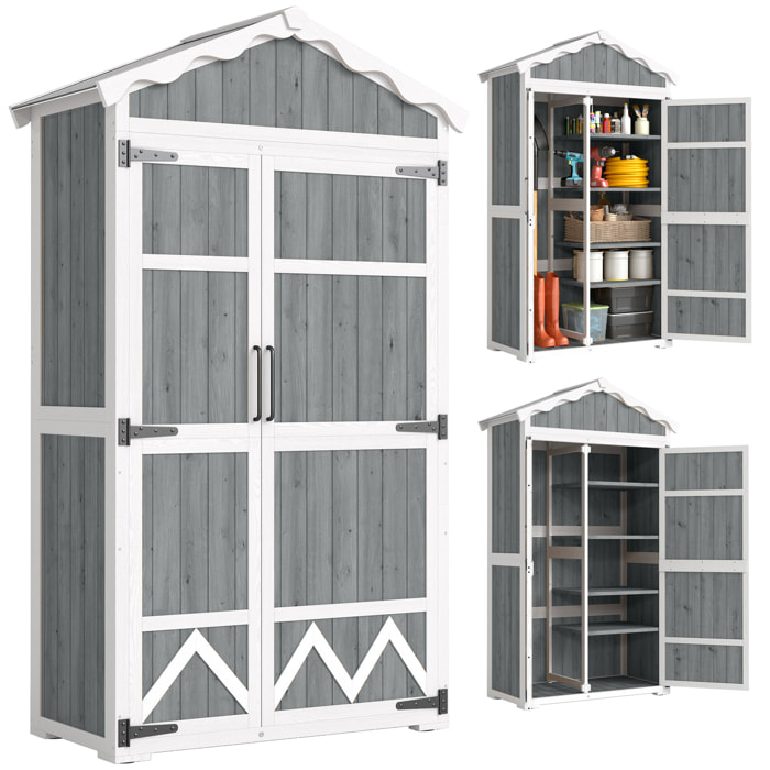 Caseta de Jardín de Madera 105x55x179 cm Cobertizo Jardín Exterior Impermeable Armario Exterior Herramientas con Puertas 4 Estantes Extraíbles Techo Metal Galvanizado Pies Ajustables Gris
