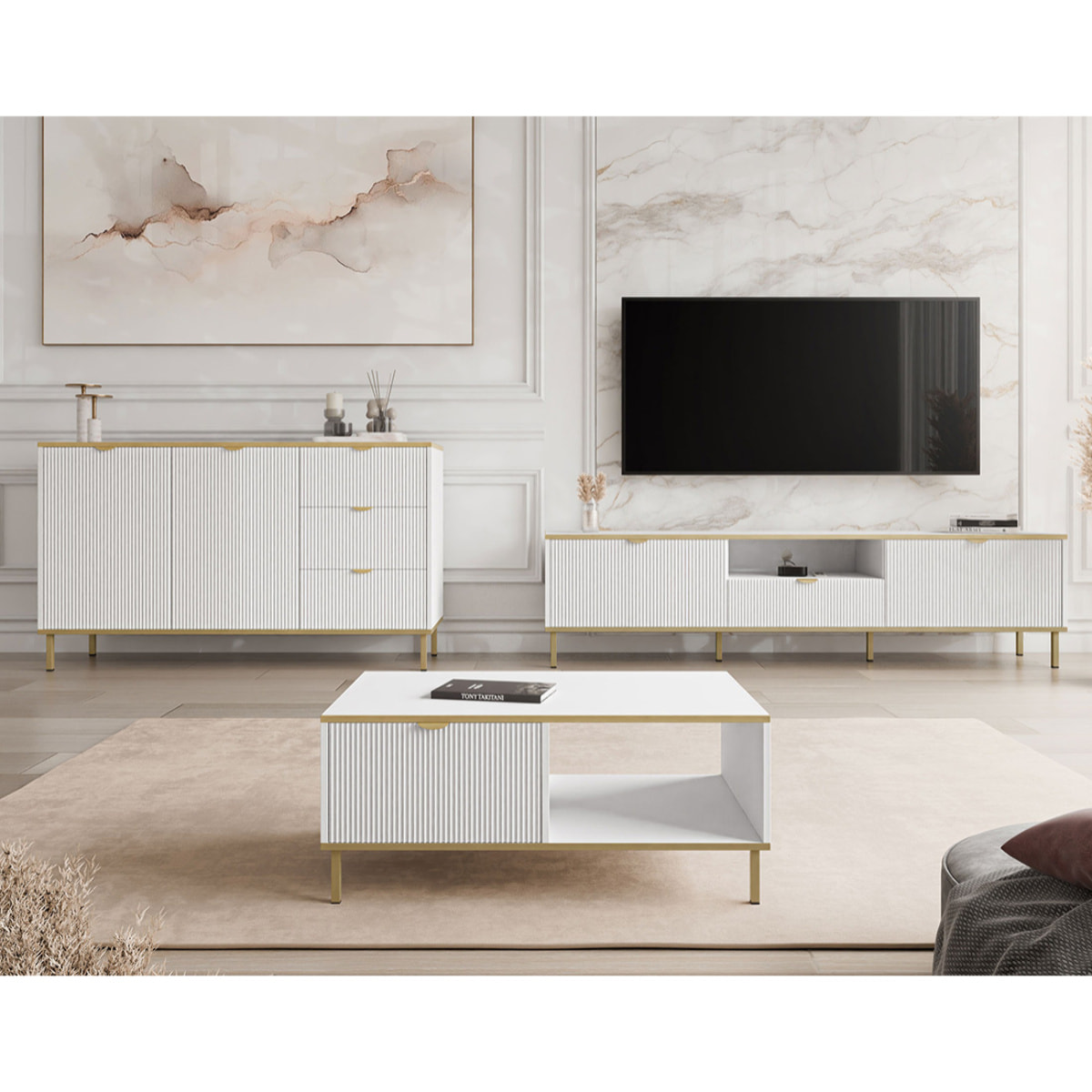 Hope - meuble tv 181 cm - 2 portes et 1 tiroir - Blanc / Doré