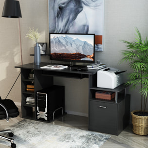 Mesa de Ordenador Mesa de Escritorio con 6 Estantes Cajón Bandeja de Teclado y Soportes para Monitor Impresora para Oficina Estudio 152x60x88 cm Negro