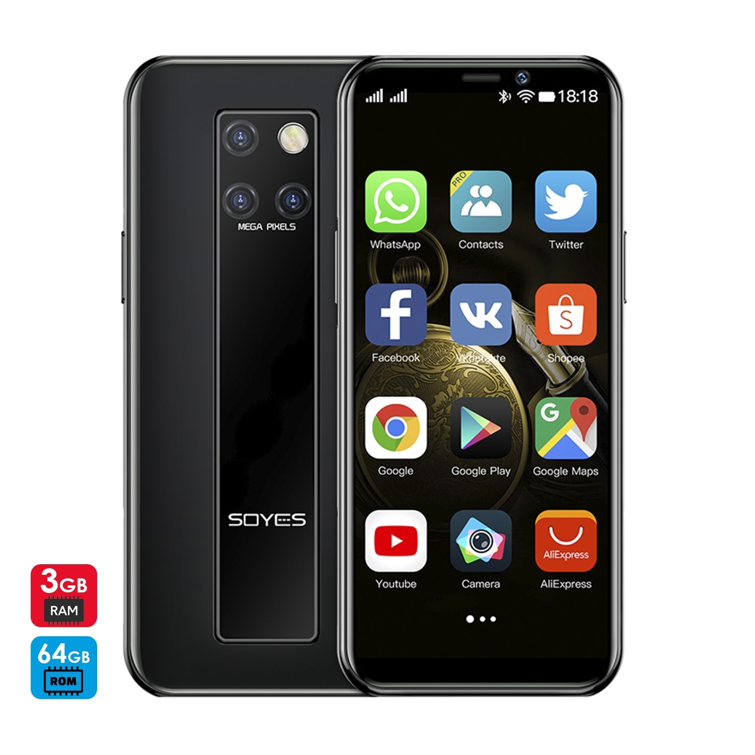 DAM Smartphone Mini S10-H 4G, Android 9.0, 3GB RAM + 64GB. Pantalla 3,46''.Doble tarjeta SIM 4,5x1x10,2 Cm. Color: Negro