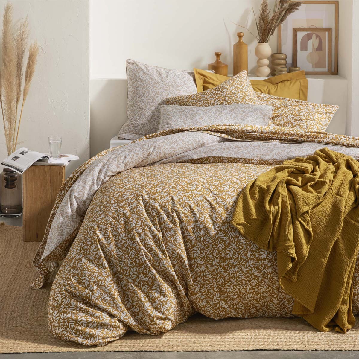 Drap plat imprimé en percale de coton, OMBRAGE, Beige Lin