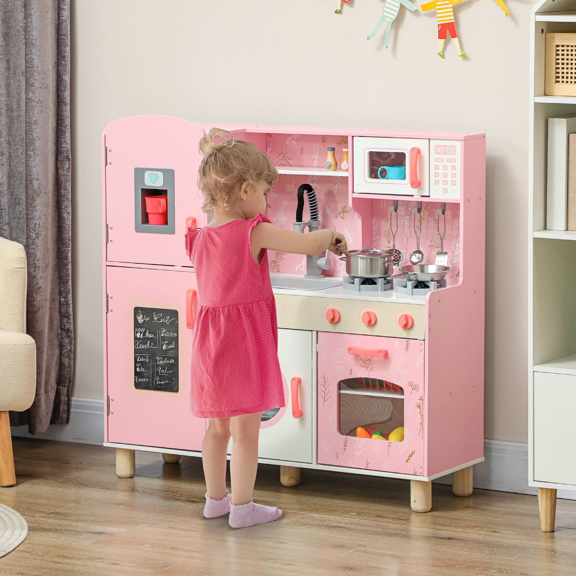 Cocina de Juguete para Niños +3 Años Cocina de Madera Infantil Cocinita Infantil con Sonido Fogón Horno Grifo Fregadero Microondas Lavadora Máquina de Hielo y Accesorios de Cocina Rosa