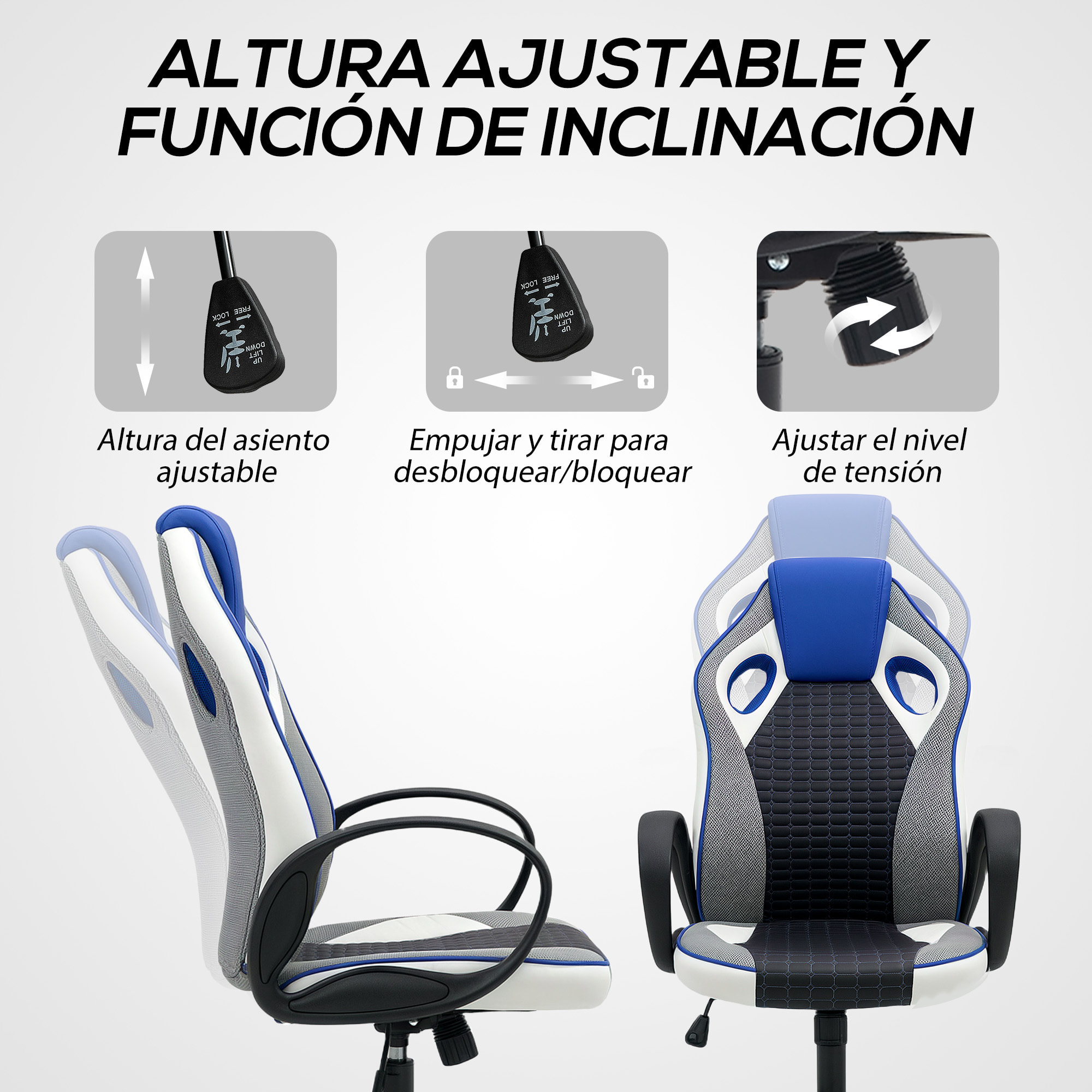 Silla Gaming Tapizada en PU y Malla Silla Gamer Giratoria con Función de Basculante Altura Ajustable para Hogar Oficina Estudio Multicolor