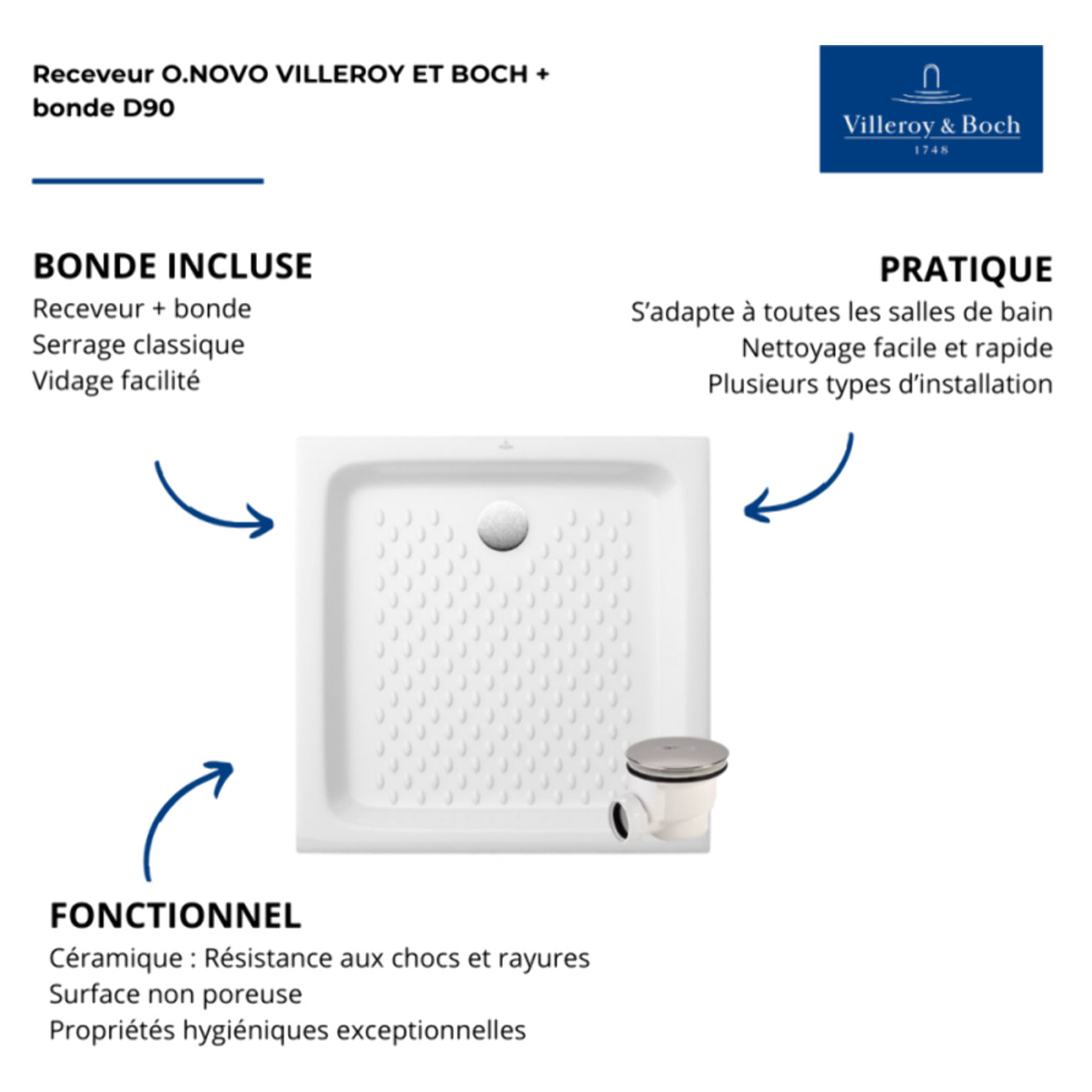 Pack receveur O Novo ceramique avec bonde D90