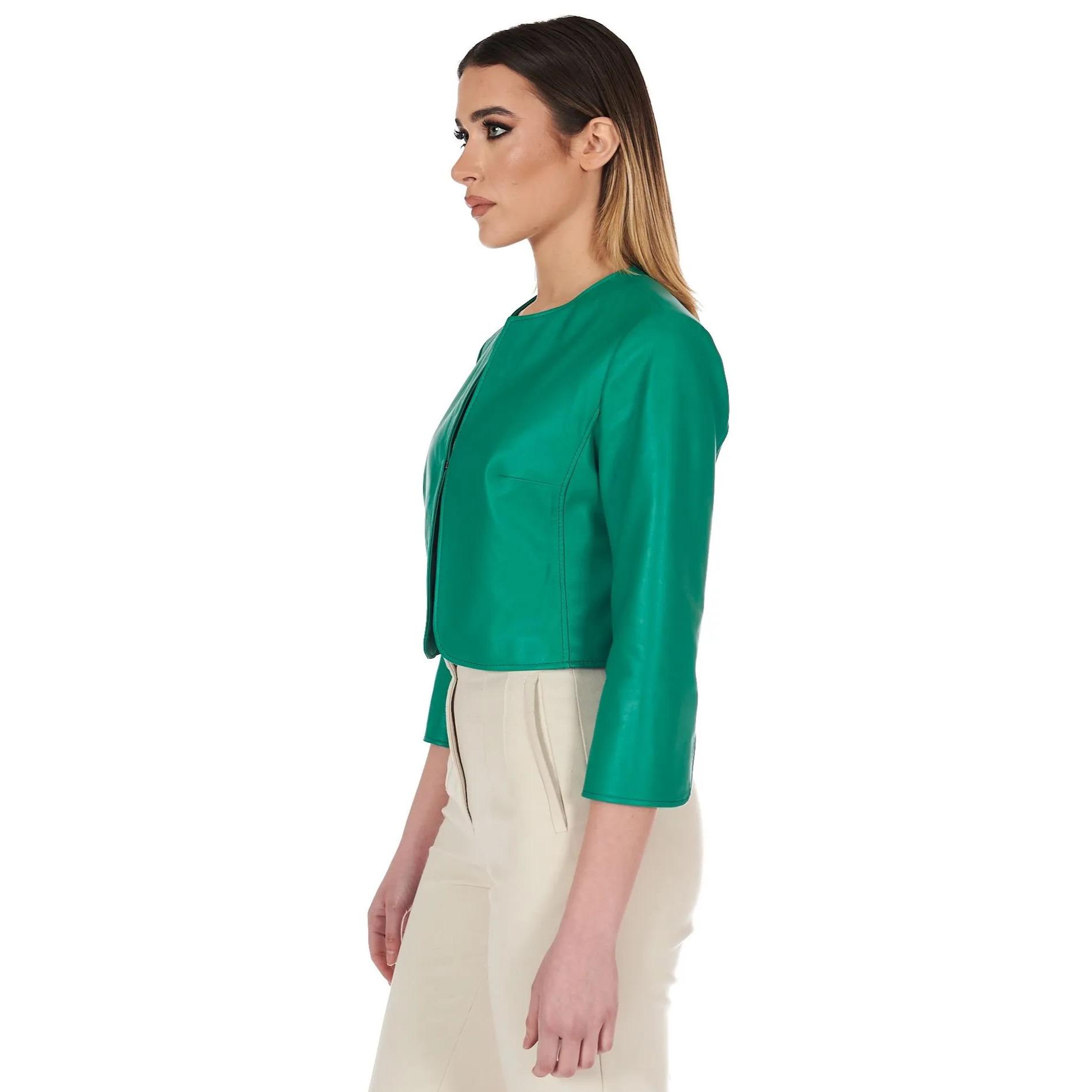 Giacca corta bolero in pelle verde smeraldo girocollo