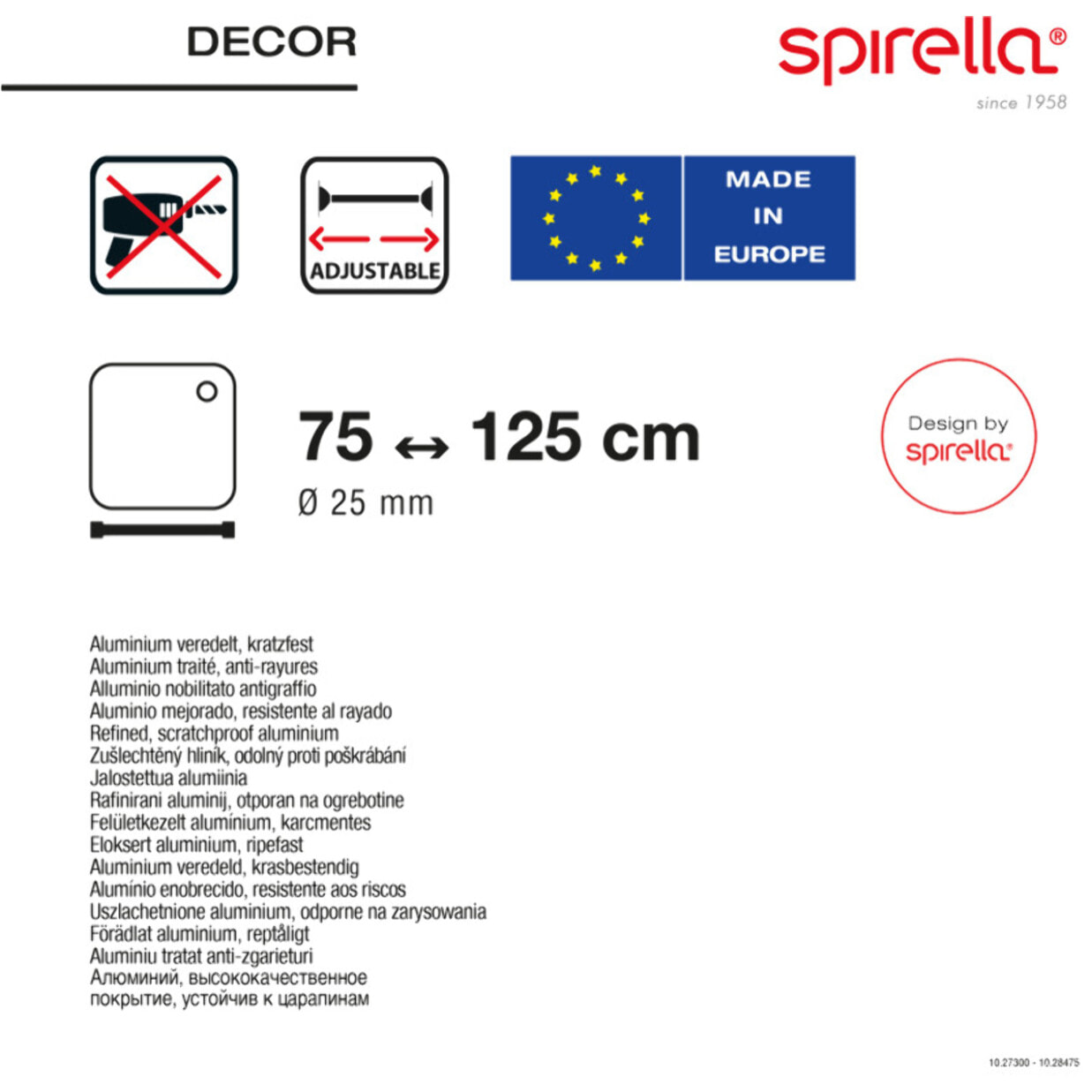 Barre tringle pour rideau de douche ou baignoire extensible sans perçage en Alu DECOR 125-220cm Finition brillante Spirella