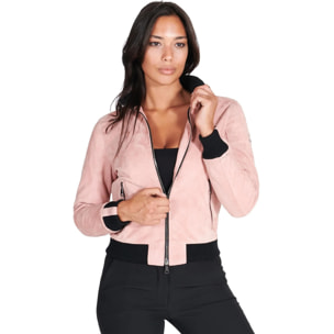 Bomber in pelle scamosciata rosa collo in lana merino a contrasto