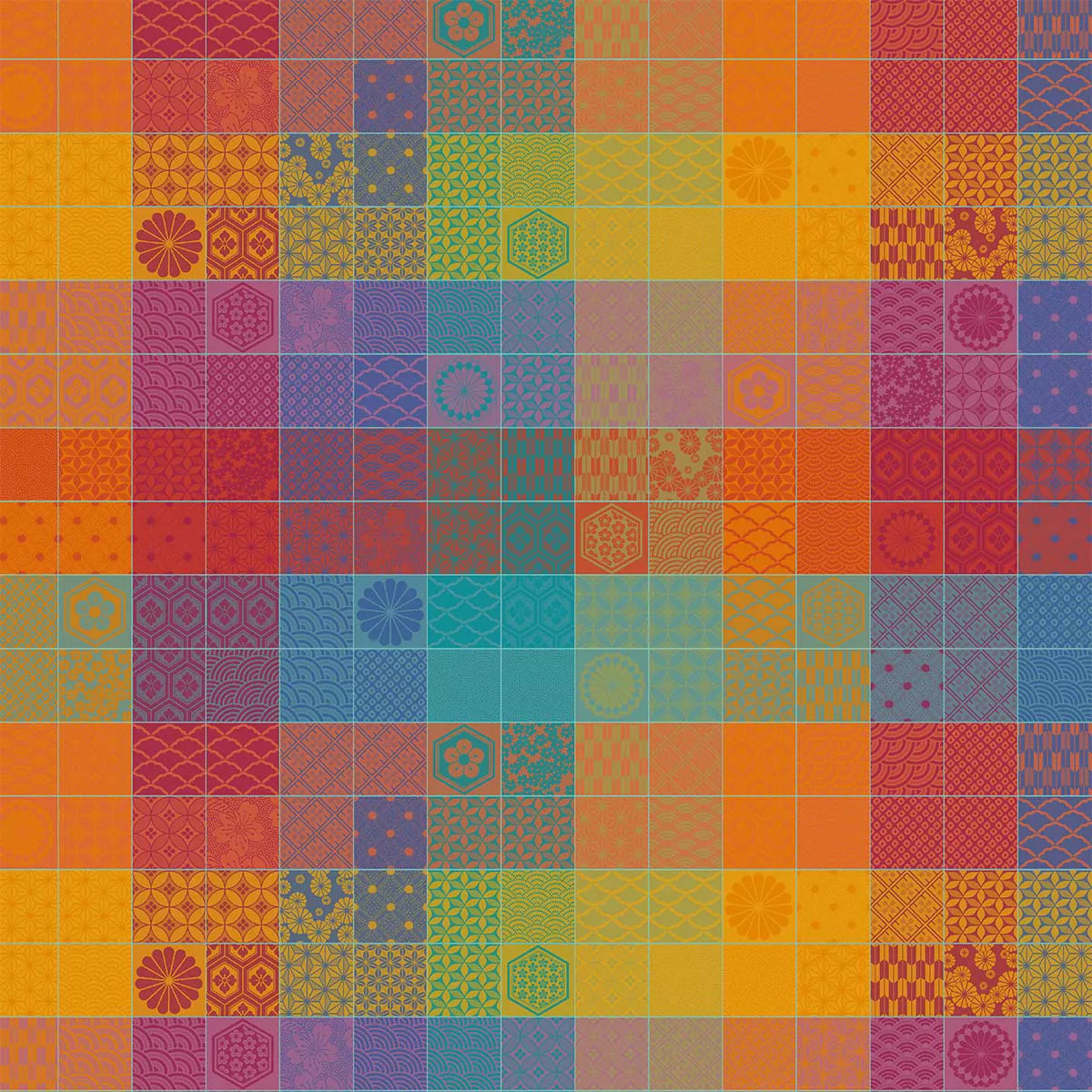 Nappe pur coton enduit motif jacquard orange violet Mille hana floralies