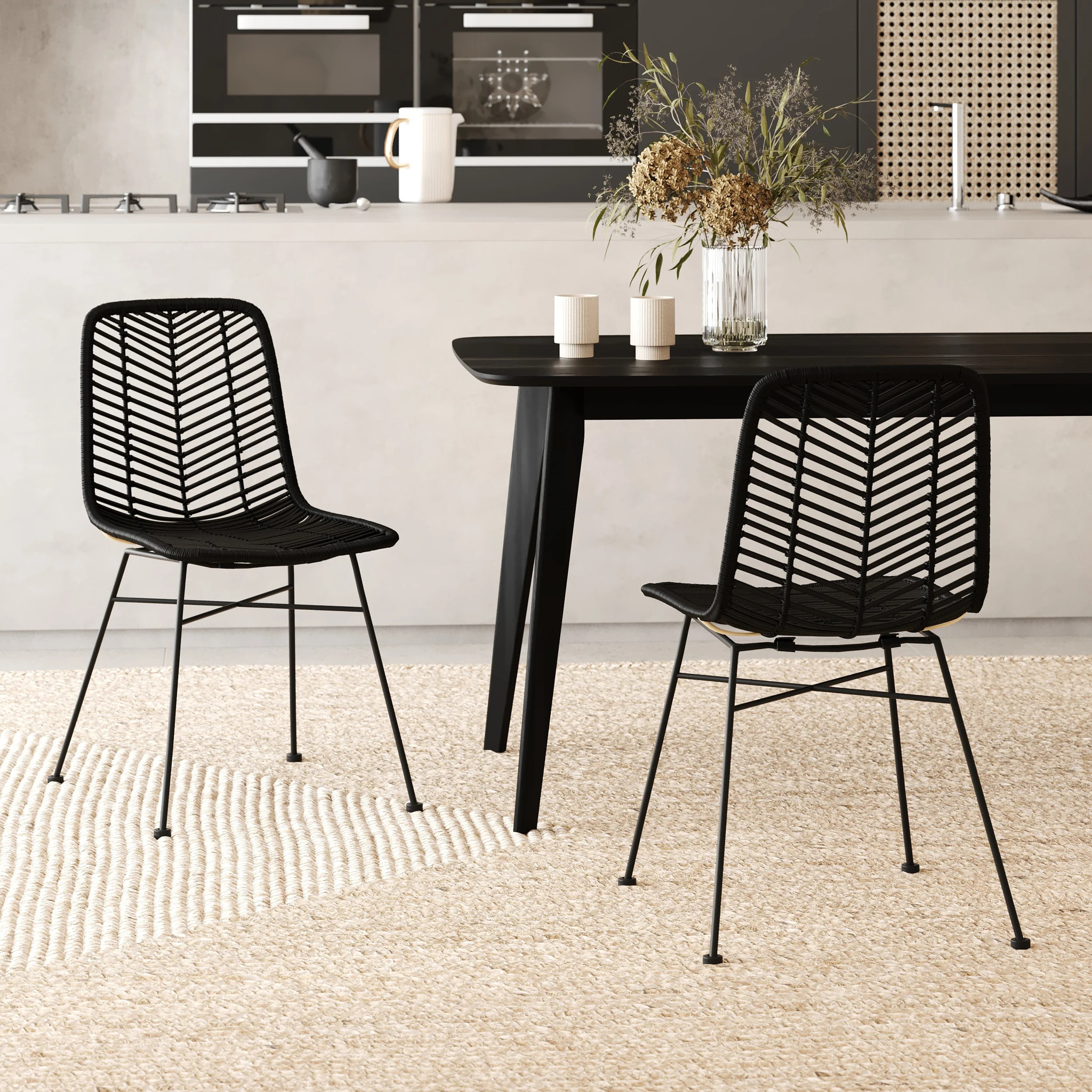 Lot de 2 chaises en rotin et pieds en métal noir - Tamara