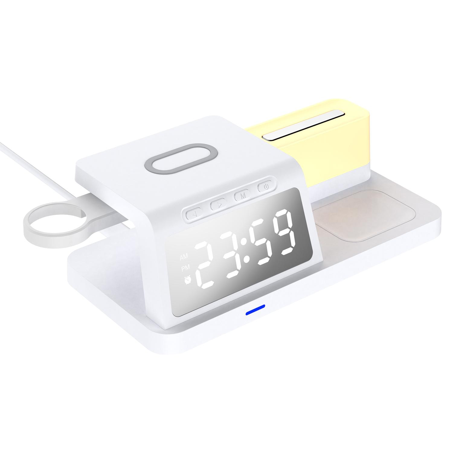 Cargador inalámbrico multifunción 6 en 1: cargador inalámbrico Qi 15W, cargador inalámbrico para auriculares, USB, Apple Watch, luz ambiental y reloj despertador.