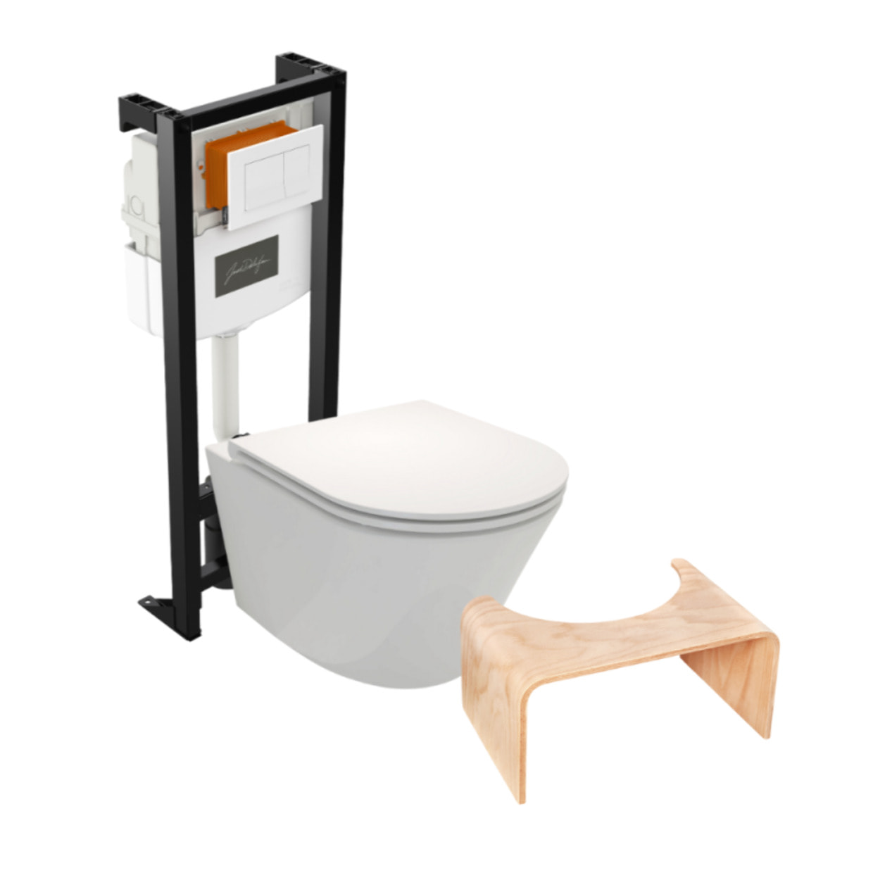 Pack WC suspendu sans bride Rodin+ avec abattant + bâti support + plaque blanche + tabouret bois