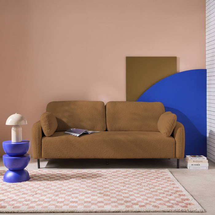 Canapé 3 places eucalyptus. bouclette beige foncé et piétement métal Teddy