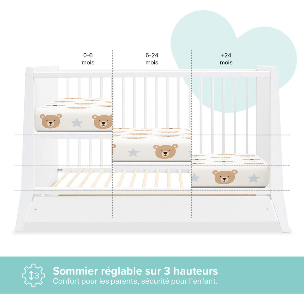 Lit Evolutif Timéo à barreaux 60 x 120 cm, Blanc, en Bois, 3 Hauteurs, Tiroir intégré, Barreaux amovibles